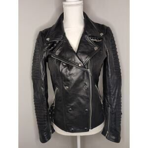 Mason and Cooper NY sheepskin leather ribbed buckle motorcycle jacket